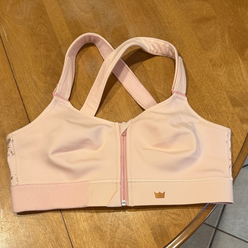 SHEFIT Pink Zip-Front Sports Bra with Gold Accents